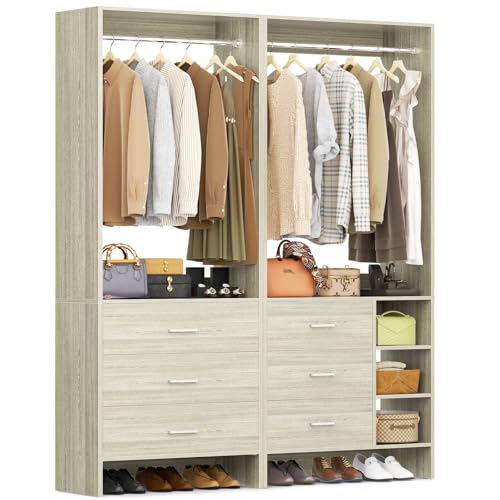 Aheaplus Closet System with 6 Drawers, 4.5ft Wood Closet Organizer System, Walk-in Closet or Small Closets Wardrobe, Clothes Rack with Hanging Rods, White Oak