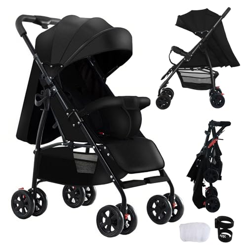 MoLi Ultraligero Silla de Paseo de Sólo 4,6 kg, Carro Bebe hasta 15 kg, Carrito Bebe con Posición Tumbada Ajustable, Cochecito Carricoche Bebe Plegable Portátil Compacto con Accesorios (A8 Black)