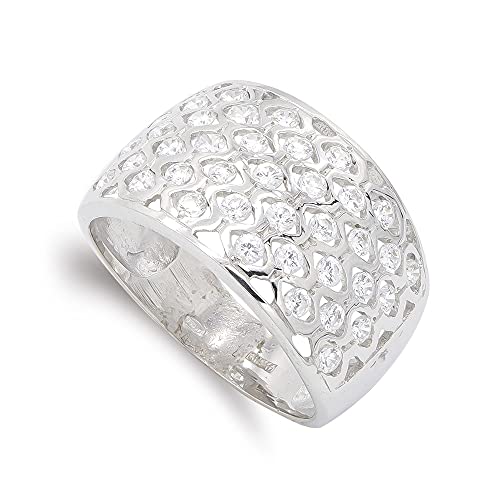 Sortija oro blanco 18k mujer circonitas panal calado