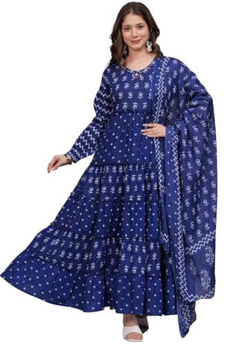 Image of Amayra Women's Pure Cotton Printed Anarkali Kurta Set with Palazzo Pants & Dupatta- Ethnic Wear