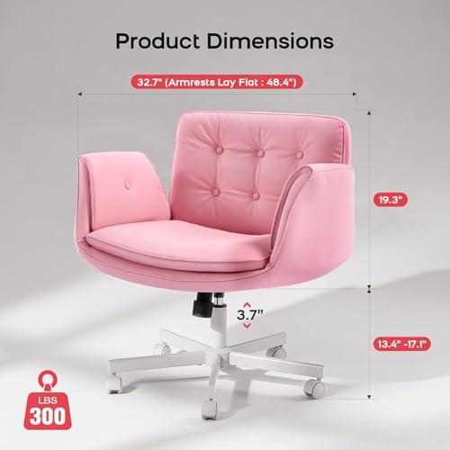 Criss Cross Chair with Armrests & Wheels, PU Leather Vanity Chair, Comfortable Adjustable Swivel Computer Office Desk Chairs for Home, Make Up, Bed Room (Pink)