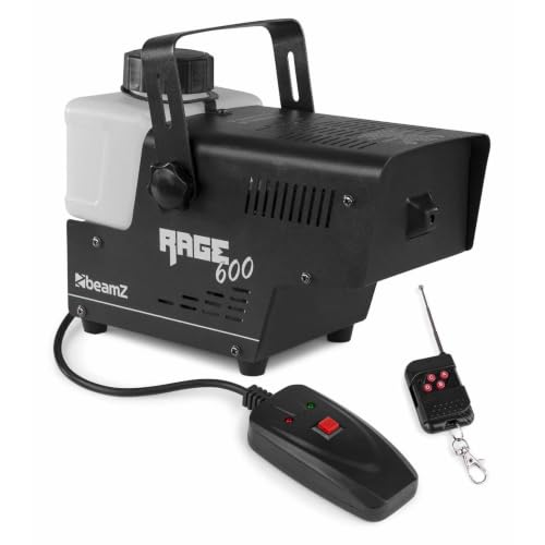 BeamZ RAGE600W Machine à Fumée 600 Watts, Réservoir 500 mL, Design Unique et Solide, Télécommande sans Fil et Filaire 3m, Etrier de Montage, Idéal pour une Soirée de 30 m²