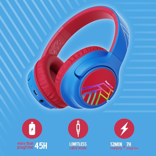 Image of PowerLocus Bobo Children's Over Ear Bluetooth Headphones, LED Lights, Foldable, Volume Limit 74 /85 /94 dB, Blue /Red