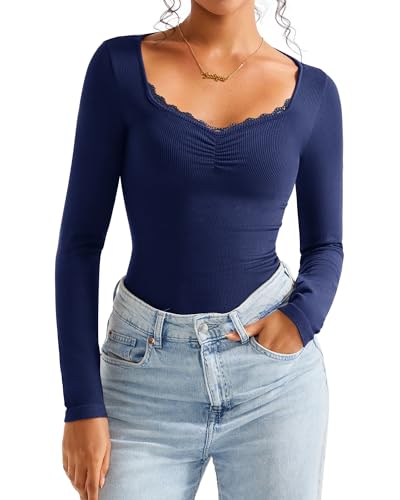 Women Sweetheart V Neck Lace Trim Long Sleeve Top