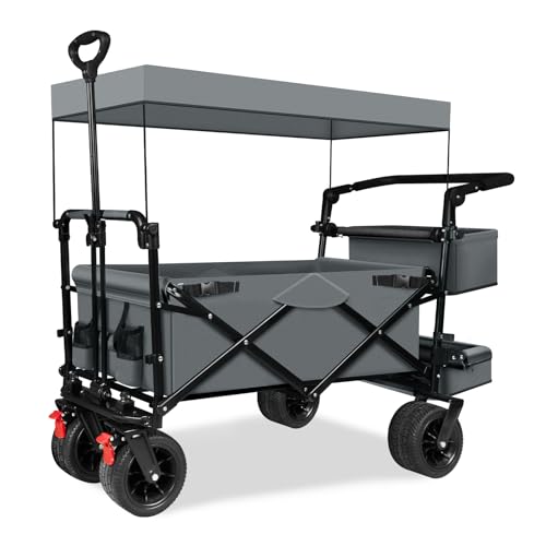 TAIFA Carro plegable plegable con toldo extraíble, carro de playa con ruedas grandes y frenos para compras de arena, campamento al aire libre, gris