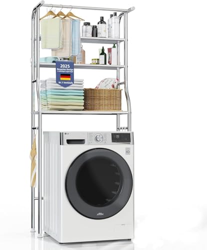 Washing Machine and Toilet Storage Over The Washer and Dryer Storage Shelf 3 Tier Laundry Room Metal Drying Rack with Towels Hangers Space Saver Organizer for Clothes Towels (Stainless Steel MY1)