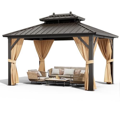 10x13ft Double Roof Hardtop Gazebo, Heavy Duty Galvanised Steel Hardtop Pavilion with Nettings and Curtains, Metal Roof Gazebo for Patio, Terrace, Lawn and Deck, Brown
