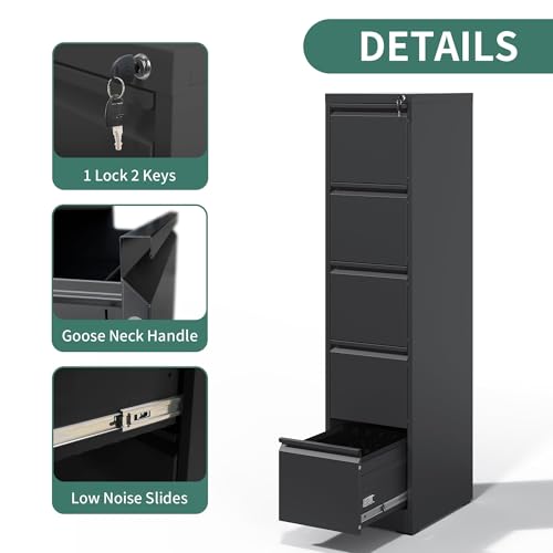 Image of 5 Drawer File Cabinet with Lock,Metal File Cabinet for Home Office