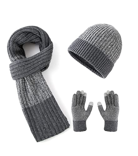 Lallier Juego de 3 gorros de lana para hombre, bufanda, guantes con pantalla táctil, gorro cálido de invierno, gorro de calavera, bufanda, juego de guantes térmicos para hombre, Gris
