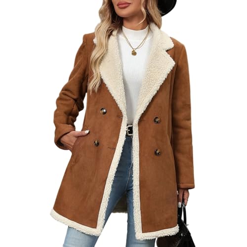 Ansenesna Winterjacke Damen Lang Warm Gefüttert Jacke Winter Mit Fell Wintermantel Elegant Fellkragen Wildleder Mantel Frauen Teddyfleece Innenfell Dicke Damen-Jacken...