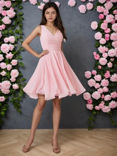 Short Bridesmaid Dresses for Women 2025 Chiffon V Neck Wedding Bridesmaid Dress A Line Formal Party Gowns with Pockets2