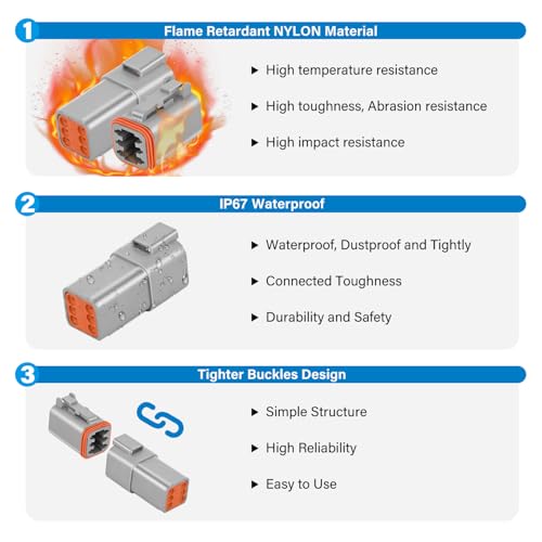Image of Nilight 6 PIN DT Connector Kit 3 Sets Size 16 Solid Contacts | Waterproof Male Female Terminal for 14-20 AWG DT Series Connectors Car Truck Motorcycle Off-Road Vehicles Boat