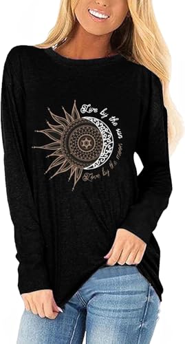 Womens Sunrise Long Sleeve Shirts Christmas Basic Tee Fall Trendy Spring Top Casual Beach Vacation Workout 2025 Fashion (Black1, M)