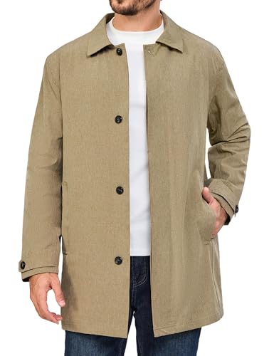 Little Donkey Andy Men's Waterproof Mid-Length Trench Coat, Lightweight Long Rain Coat, Single Breasted Overcoat (Khaki Heather M)