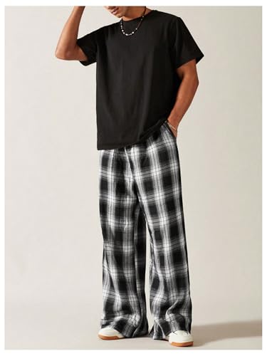 Floerns Men's Plaid Trousers Drawstring Waist Baggy Straight Leg Pants with Pocket3