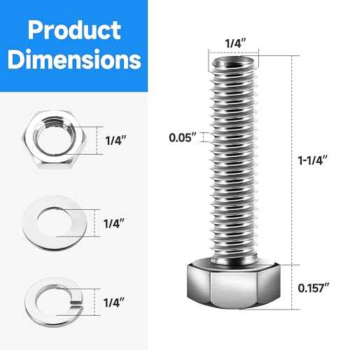 Image of (12 Sets) 1 /4-20 Bolt, 1 /4-20 x 1-1 /4 inch Hex Head Screws Bolts and Nuts Kit with 1 /4-20 Nuts, Flat & Lock Washers, Fully Threaded, 1 /4 20 Stainless Steel Bolts, Plain Finish by Marysino