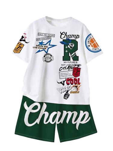 Image of BEAUDRM Boy's 2 Piece Outfits Graphic Crewneck Short Sleeve T shirt and Track Shorts Summer Clothing Sets