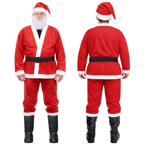 GLOSKIN Weihnachtsmann Kostüm,7-Teiliges Weihnachtskostüm Herren-Set für Erwachsene, mit Nikolaus Bart,Mütze,Schuh, Kleidung,Hosen,Gürtel und Geschenktüten