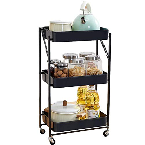 3-Etagen Kosmetik Trolley mit Rollen,Schwarz Plastik Regal Abstellraum für Home Office Schreibwaren Organisation, Salon, Make-Up, Friseur,