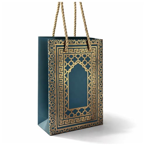 10Pcs Luxury Gold Foiled Islamic Gift Bags Pack of 10 Premium Teal Gift Bags with Rope Handles Elegant Eid Umrah Hajj & Special Occasion Gift Packaging 12 x 8 x 5 cm Decorative Favour Bags