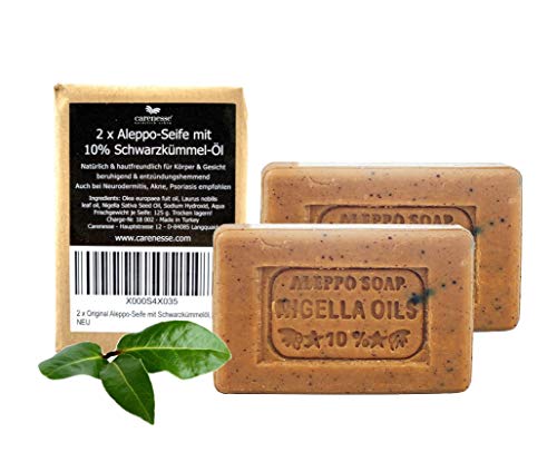 Carenesse Jabón Aleppo Aceite de comino negro, hecho de aceite de oliva, aceite de laurel y aceite de comino negro precioso, 2 x 130 g