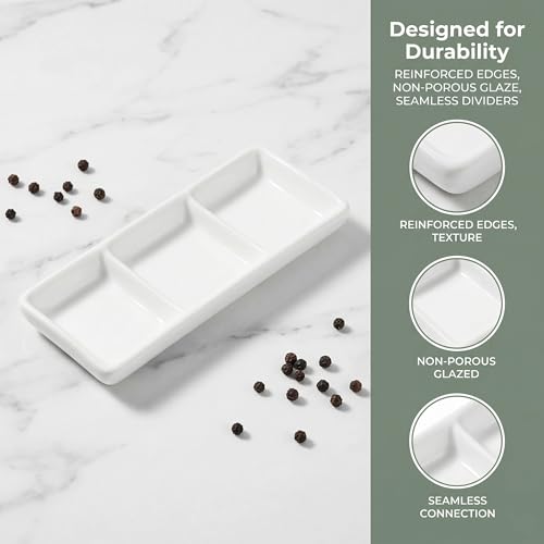 DOITOOL Ceramic Divided Serving Tray 5.8 inch, 4 Pack 3 Compartment Appetizer Tray White Stackable Chip and Dip Serving Dish Condiment Server for Entertaining, Snack Food Dessert, Dishwasher Safe by DOITOOL - Image 4