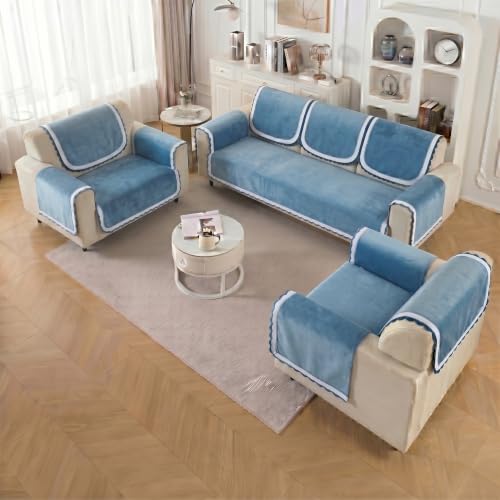 Image of Story@Home Velvet Sofa Cover 5 Seater Fully Covered | Sofa cover 3 1 1 Seater Full Set - Sofa Mat with Sofa Back Covers and ArmRest Covers | Specially designed for 3+1+1 configuration - Shades of Blue