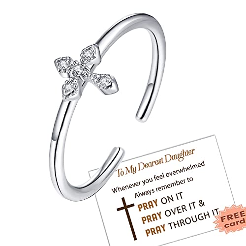 To My Daughter Cross Cubic Zirconia Ring Tiny Stacking Adjustable Ring Simple Middle Tail Finger Christian Faith Religious Jewelry For Women Girls Engagement Wedding Promise Statement Dainty Gift For Her Birthday Valentine's Day #TOP7
