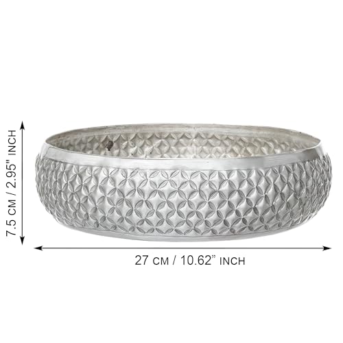 Image of eCraftIndia Floral Silver Metal Urli Bowl for Home Decoration Office Tv Unit Kitchen Showpiece for Good Luck | Urli for Floating Candles Flowers for Pooja Room Entryway Living Room Diwali Gift