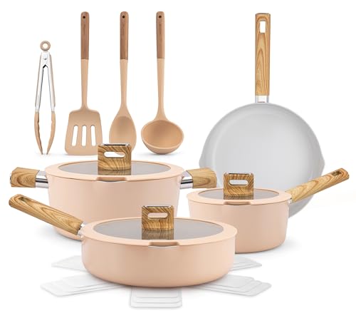 NutriChef 14-Piece Pink Ceramic Cookware Set