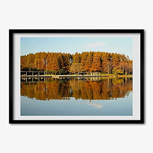 Cadre en Bois Moderne Foret Au Bord Du Lac Tableau Rigide 70x50