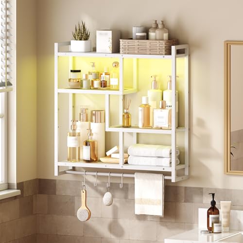 Image of HOOBRO Gaming Floating Shelves with LED Lights, 28.7 inch LED Wall Mounted Shelf, 4-Tier Floating Wall Shelf for Storage, Display Rack with Hanging Bar and 4 S Hooks, for Gaming Room, White WT37DBJ01