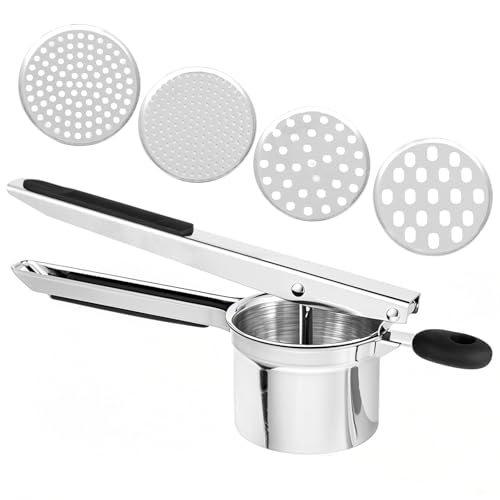 Kartoffelpresse - Edelstahl Kartoffelpresse - Robuste Kartoffelpresse mit 4 Einsätzen, Ergonomischer Griff, Leicht zu Reinigen, Perfekt für Kartoffelpüree und Babynahrung