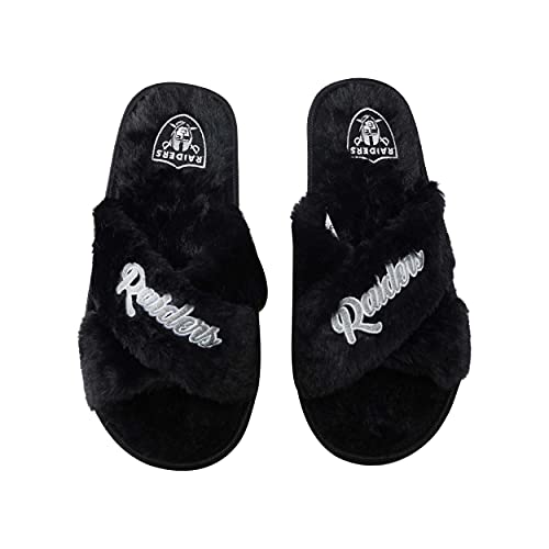 Image of FOCO Womens NFL Team Script Wordmark Fuzzy Cross Slide Slippers