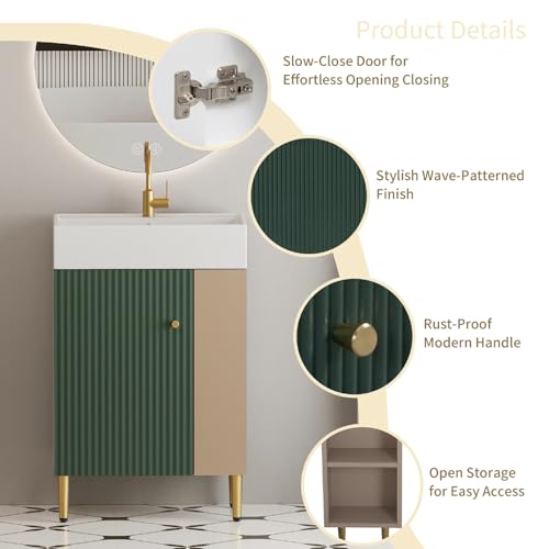 Image of 21.6 inch Freestanding Bathroom Vanity with Ceramic Sink, Green | Ceramic Sink, Wave-Pattern Door & Two-Layer Right Open Compartment, Bathroom Storage Cabinet, Easy Installation