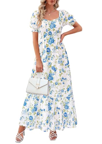 PRETTYGARDEN Women's Floral Boho Maxi Dresses Flowy Short Sleeve A Line Smocked Eyelet 2026 Summer Beach Vacation Clothes (Floral White Blue,Medium)