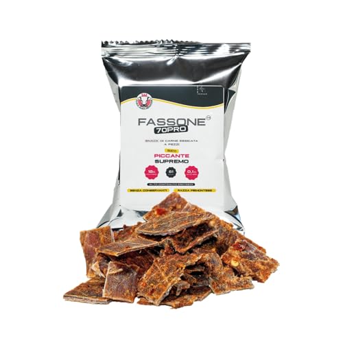 Fassone70pro Beef jerky Piccante Supremo, carne secca per umani con 70% di proteine naturali, snack proteici a base di carne essiccata, beef protein proteine senza lattosio. (Pack da 20 x 25 g)