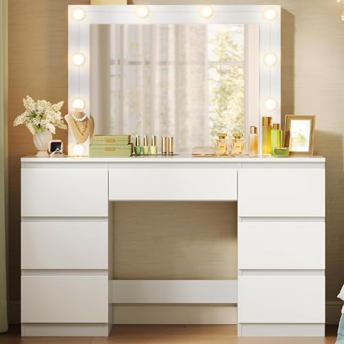 WOLTU Schminktisch mit LED-Beleuchtung, einstellbare Helligkeit, Kosmetiktisch mit großem Spiegel,...