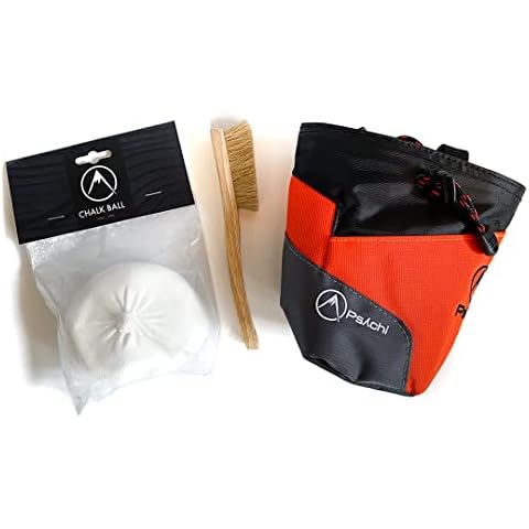 Psychi Premium Chalk Bag Starter Pack for Bouldering Rock Climbing with Waist Belt Chalk Ball and Brush (Orange) Cover