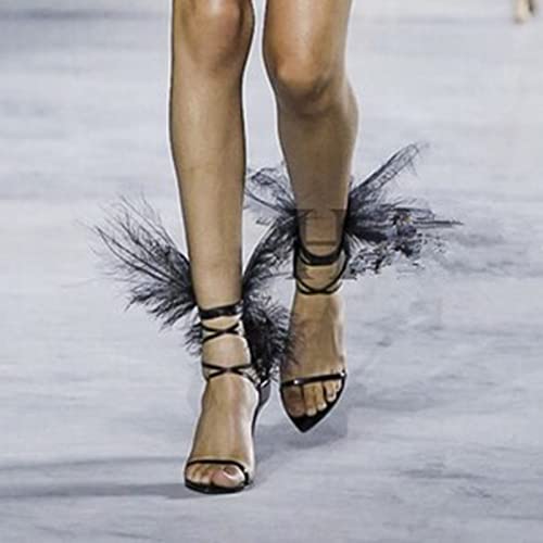 Bopchk Black Feather Sandals for Women Ostrich Hair Decor Thin High Heels Dance Shoes Ladies Fur Sandals T Show Party Shoes4