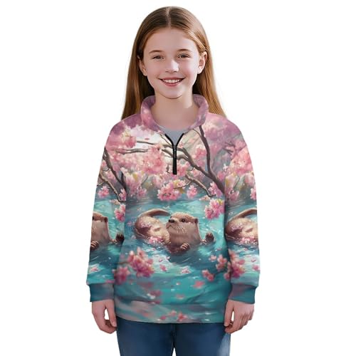 Image of AmzPrint Girls Graphic Quarter Zip Coat Long Sleeve Lightweight Oversized Athletic Running Hoodies For Kids Teen Girls