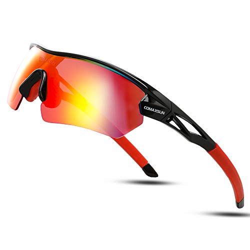 COMAXSUN Polarized Sports Sunglasses with 5 Interchangeable Lenses for Men Women Cycling Running Baseball Glasses (Black Red)