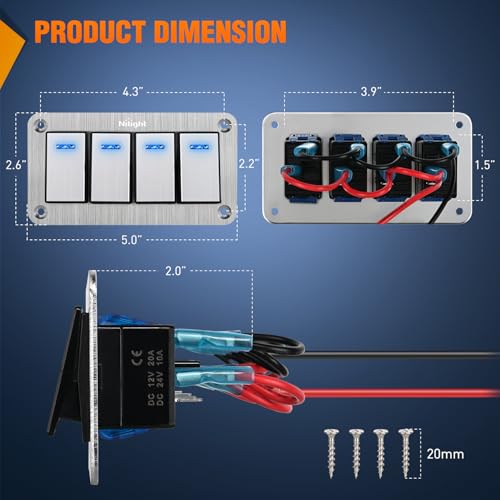 Image of Nilight 4 Gang Rocker Switch Panel 3 Pin On Off Pre-Wired Blue LED | Waterproof Aluminum Toggle Switches with DIY Stickers for 12V 24V Automotive Cars Marine Boats UTV Truck Jeeps