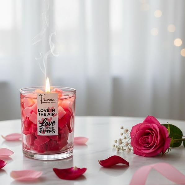 Image of Love is in the Air Romantic Scented Jar Candle | Filled with Pink & Red Mini Hearts | Calming Rose Fragrance for Aromatherapy | Hand-Poured Soy Wax | Gift for Love, Birthday, Valentine