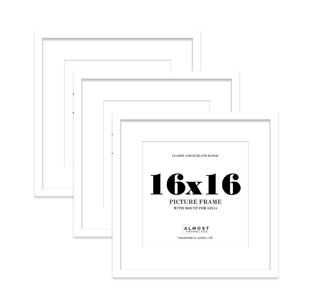 16x16 White Picture Frame with Mount for 14x14 Photos, Prints - Modern Square Wall Frame, Set of 3