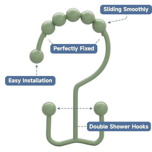 Image of Titanker Shower Curtain Hooks Rings, Rust-Resistant Metal Double Glide Shower Hooks for Bathroom Shower Rods Curtains, Set of 12 Hooks - Sage Green