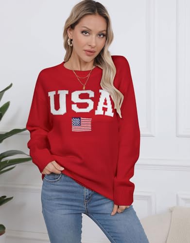 Image of Womens American Flag Sweater Crew Neck Casual Pullover Sweater