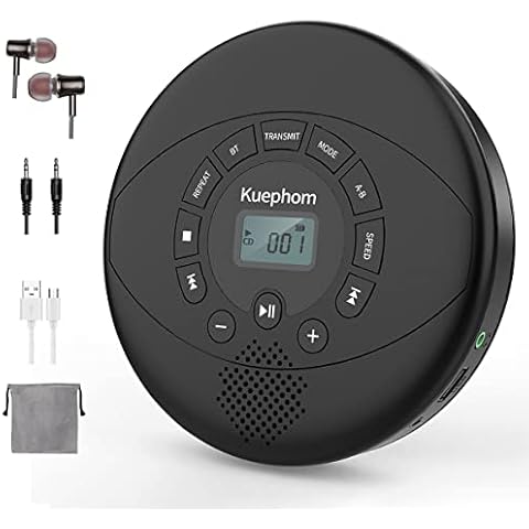 CD Player Portable, Rechargeable Portable Bluetooth CD Player, KUEPHOM CD Walkman with Headphones, Anti-Skip Disc CD Player for Car, Home, Travel with Built-in Speakers, Support USB AUX Input, Black Cover