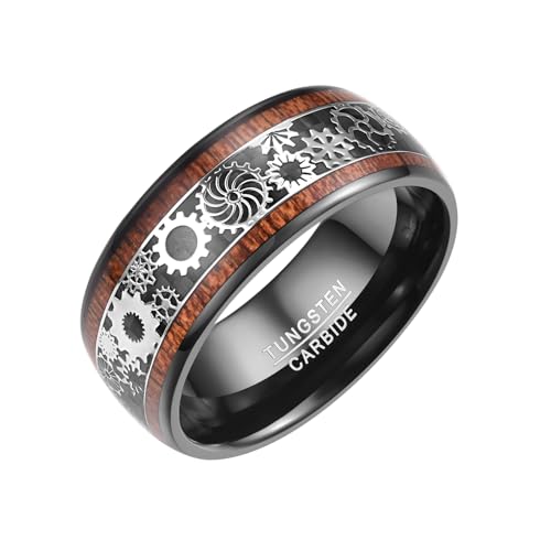 Image of 10mm Silver /Black Tungsten Rings for Men Steampunk Gear Inlay Size 7-14 | Koa Wood, Black Carbon Fiber, Dome Band Ring, for Wedding, Anniversary, Everyday Wear, Comfort Fit