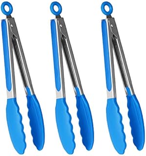 HINMAY Stainless Steel Handy Tongs with Silicone Tips 9" Cooking Tongs, Set of 3 (Black White Grey)